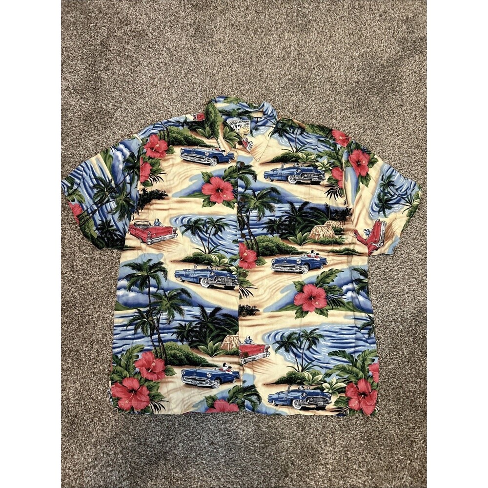 Big Dogs Hawaiian Shirt Men L Multicolor Car Hot Rod Hibiscus Palm Trees Beach
